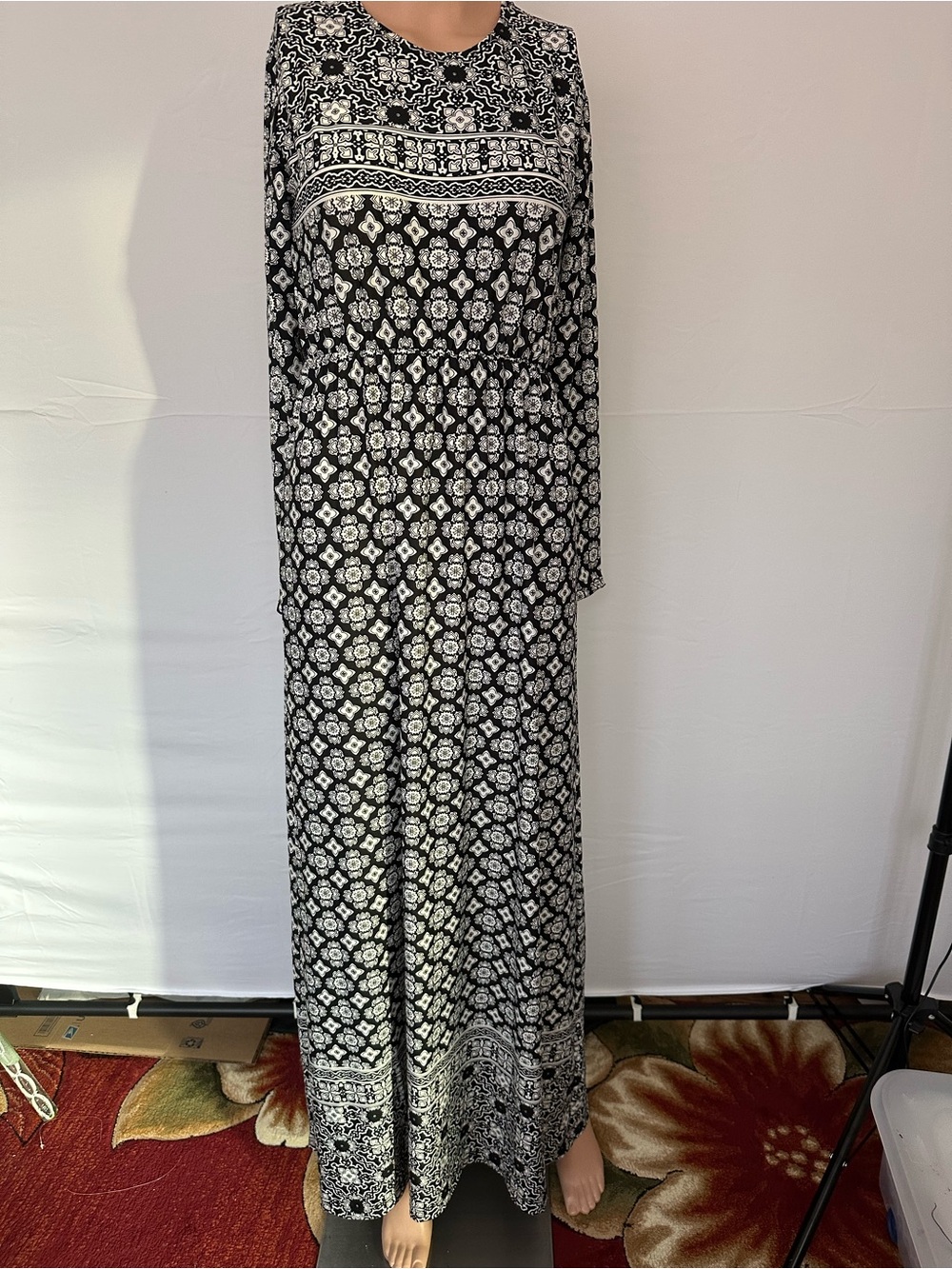 Black & White Maxi Dress with Geometric Print